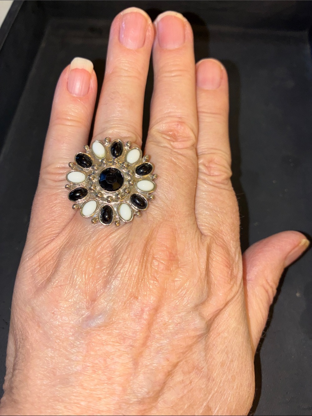 Classic Black & White Floral Statement Ring - Women Jewelry